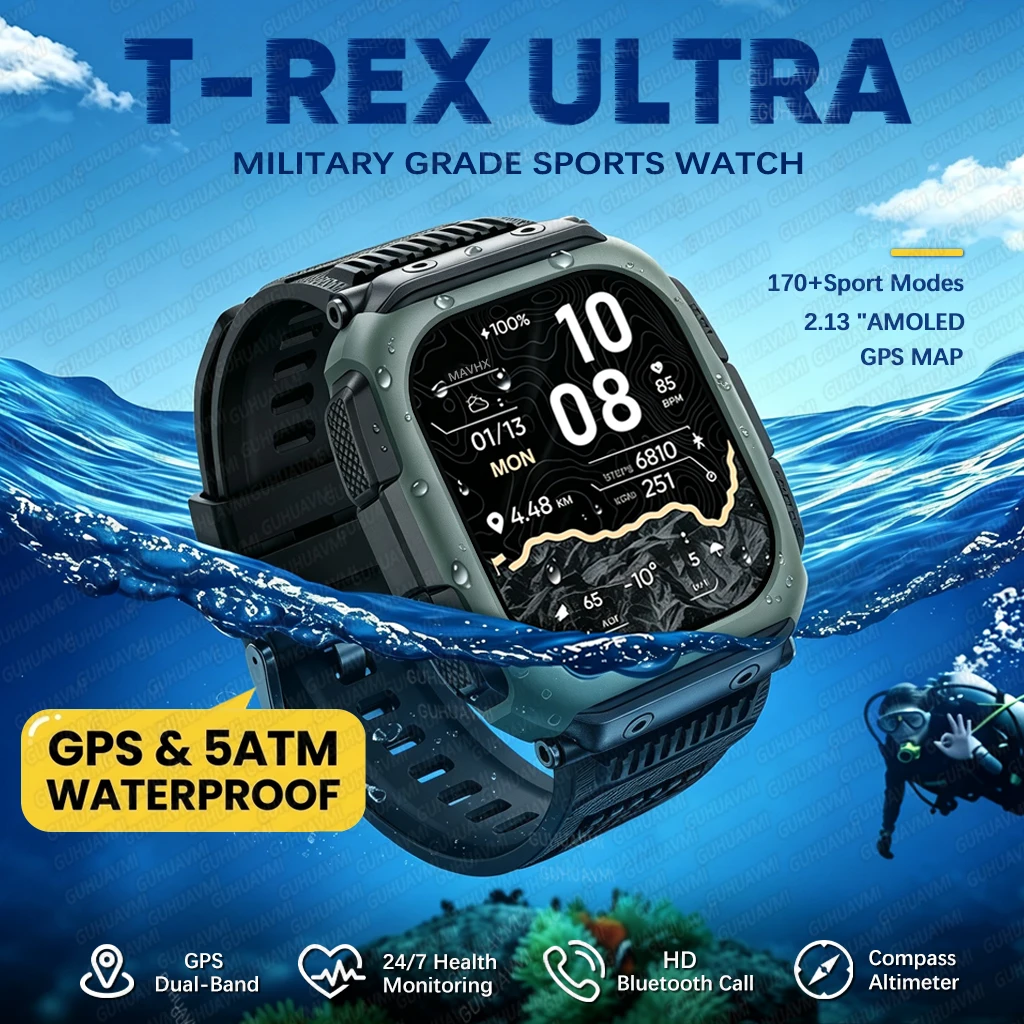 【New Product】GUHUAVMI Outdoor Military GPS Smart Watch 5ATM Waterproof Swim Watch Bluetooth Call 170+Sports Fitness Men Bracelet