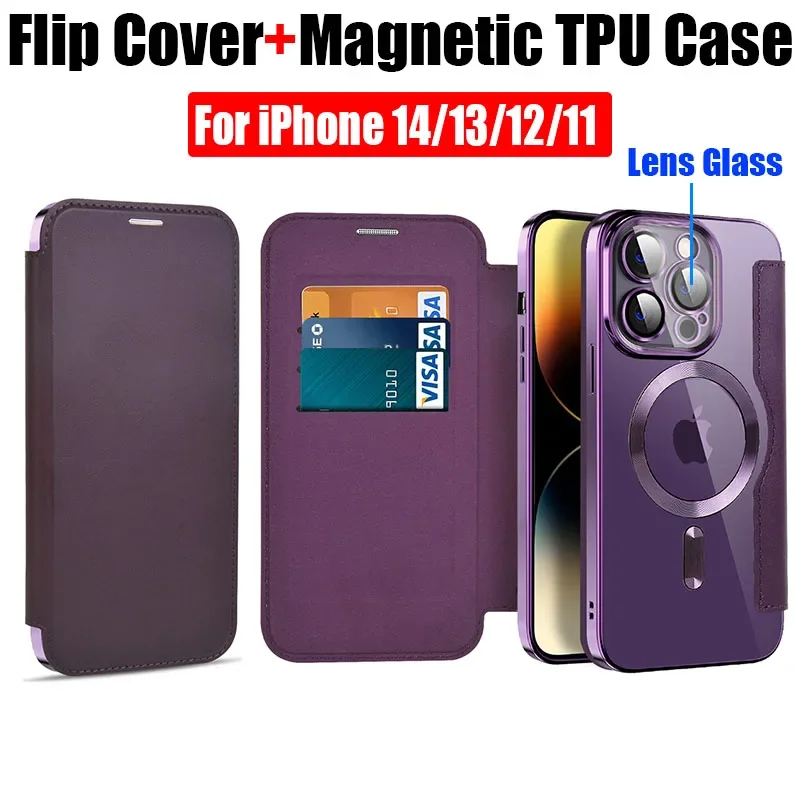 Leather Flip Cover Magnetic Electroplating TPU Case For iPhone 15 14 Pro Max Plus 13 12 11 Lens Glass Film Wireless Charging