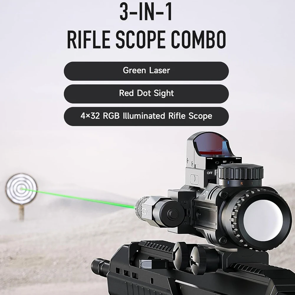 4x32 Rifle Scope with 3 MOA Red Dot Sight and Green Laser for 20mm Rails Long Guns RGB Illuminated Rangefinder Scope Combo