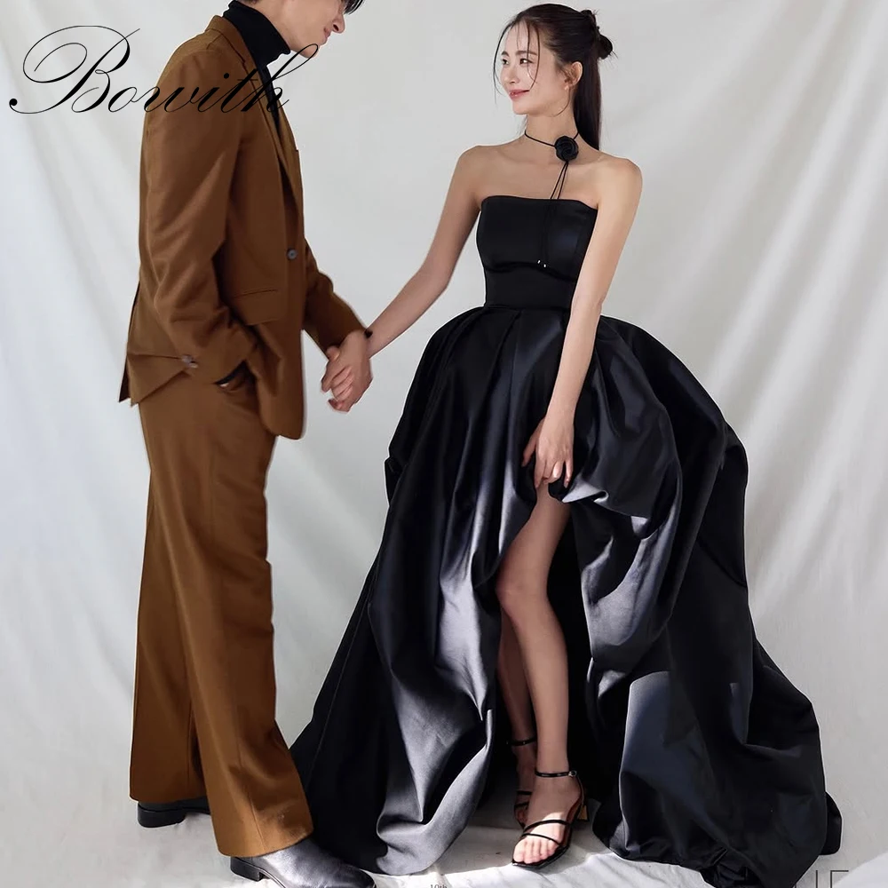 

Bowith Black A Line Strapless Wedding Dresses Customized Korea Photoshoot Satin Bridal Gown Evening Dresses