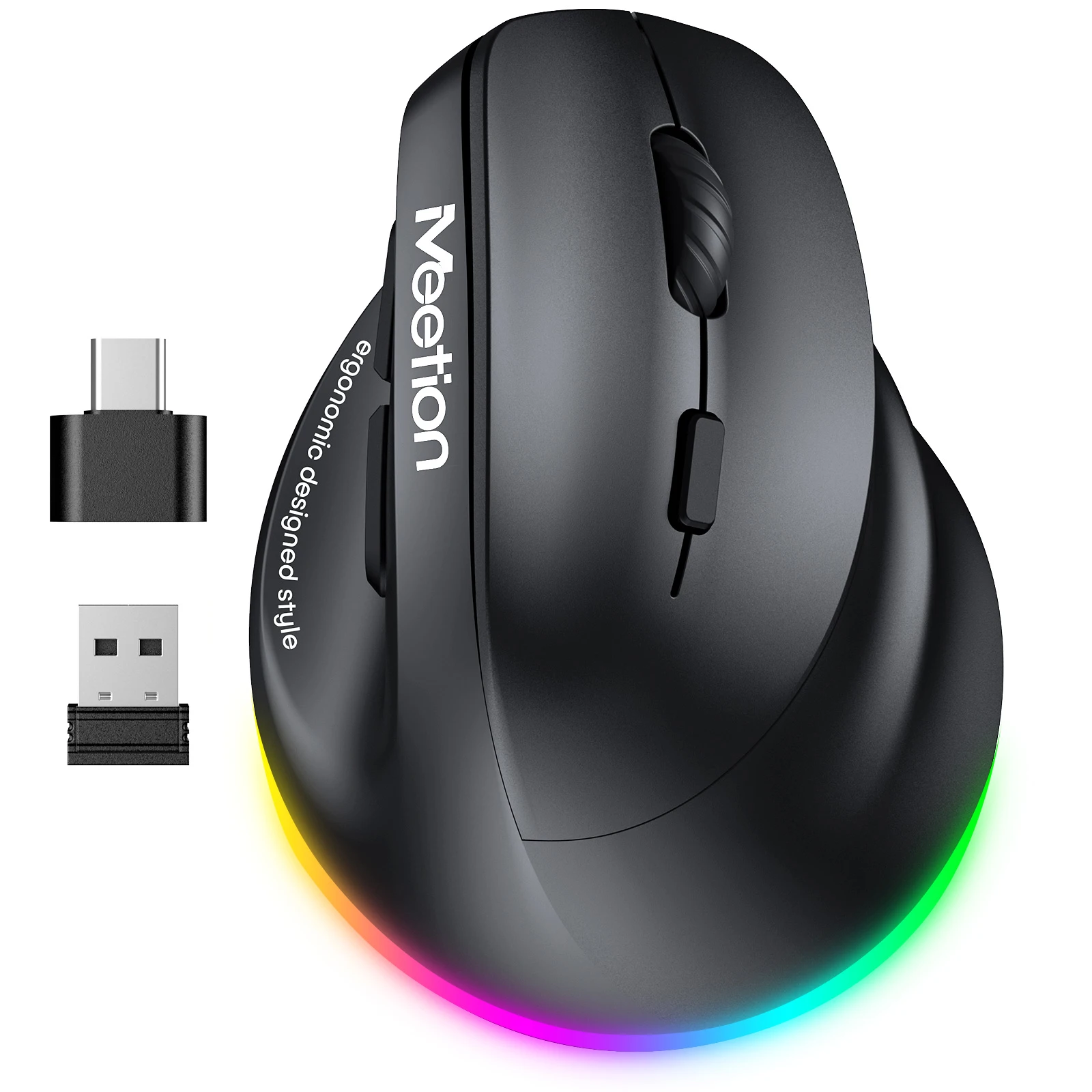 BTM010R 2.4G + Bluetooth Vertical Ergonomic Wireless Mouse, 2400 DPI, Rechargeable, RGB Backlight, Silent Clicks, 7-Button Desig