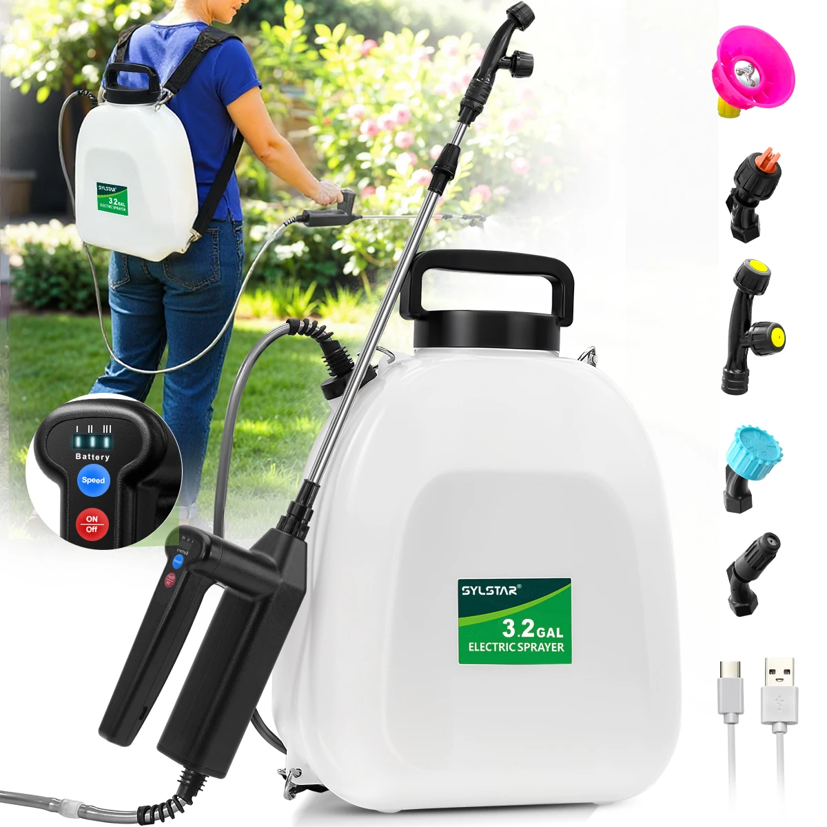 

3.2 Gal Battery Powered Backpack Sprayer - USB Charging, 3 Adjustable Speeds, Battery Indicator, 5 Nozzles Lawn Garden Use