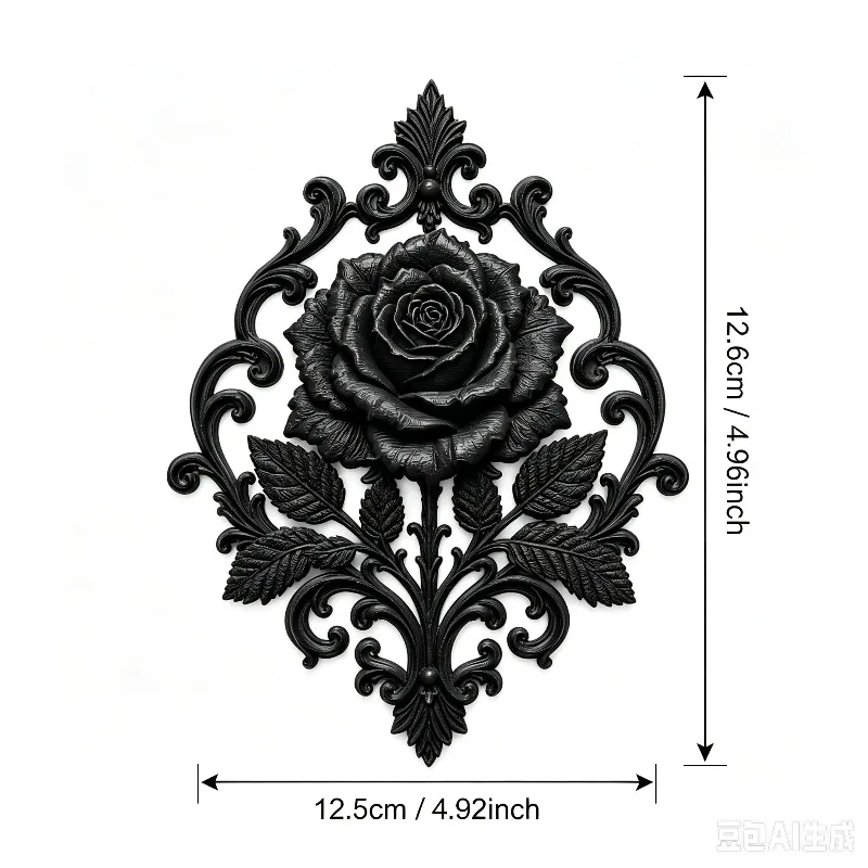 Gothic Black Rose Wall Decor 3D Printed Plastic Baroque Flower Carved Ornament Hanging Medallion Figurine Room Decoration