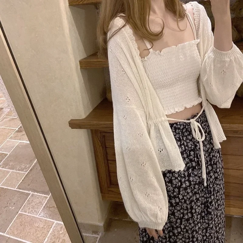 

Кардиган женский на шнуровке винтажный милый Ulzzang студенческий летний универсальный мягкий однотонный элегантный свободный для отдыха популярный женский Ins новый