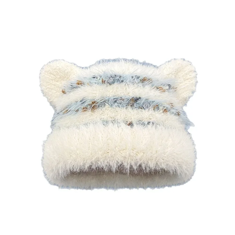 لطيف الدب الصغير الأذن مخطط مختلط اللون بلوفر مغزول القبعات للنساء الخريف والشتاء سميكة الدافئة Skullies Beanies