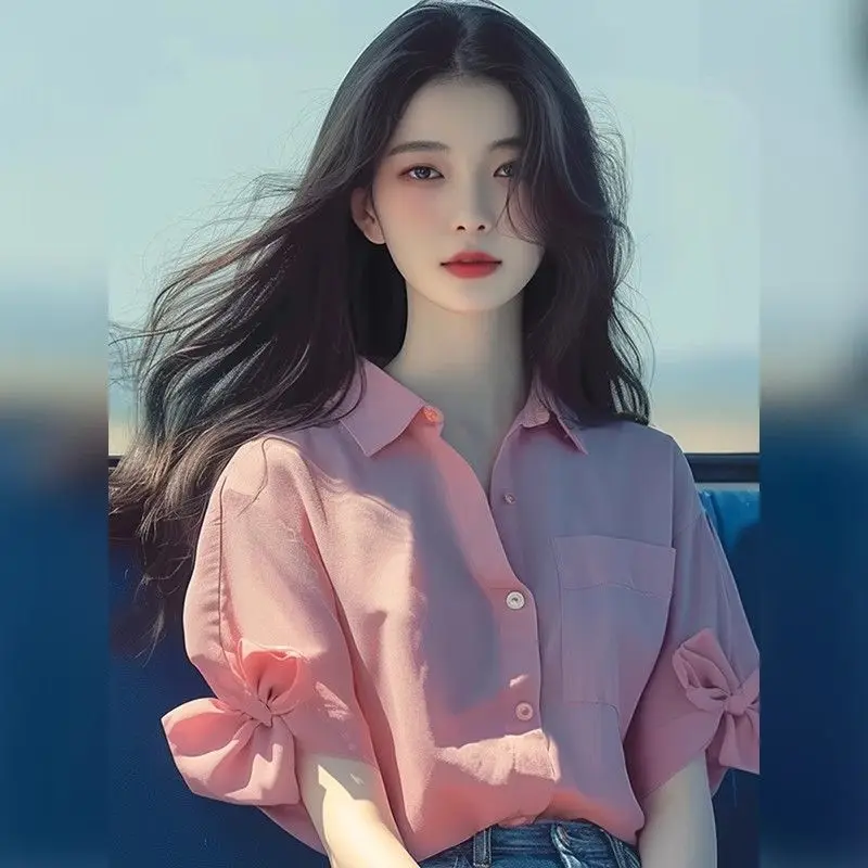

Short Sleeve Shirts Womens Breathable Mesh Patchwork Streetwear Trendy ONeck Bubble Ladies Slim Elegant Buttoned Modern