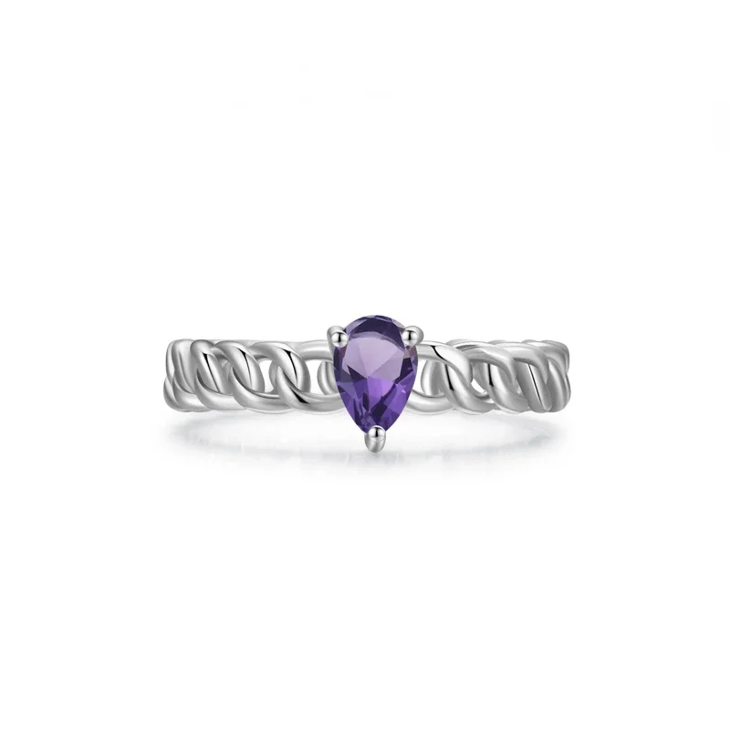 Fashionable and Versatile S925 Sterling Silver Purple Water Droplet Simulation Diamond Ring, Designed Specifically for Women