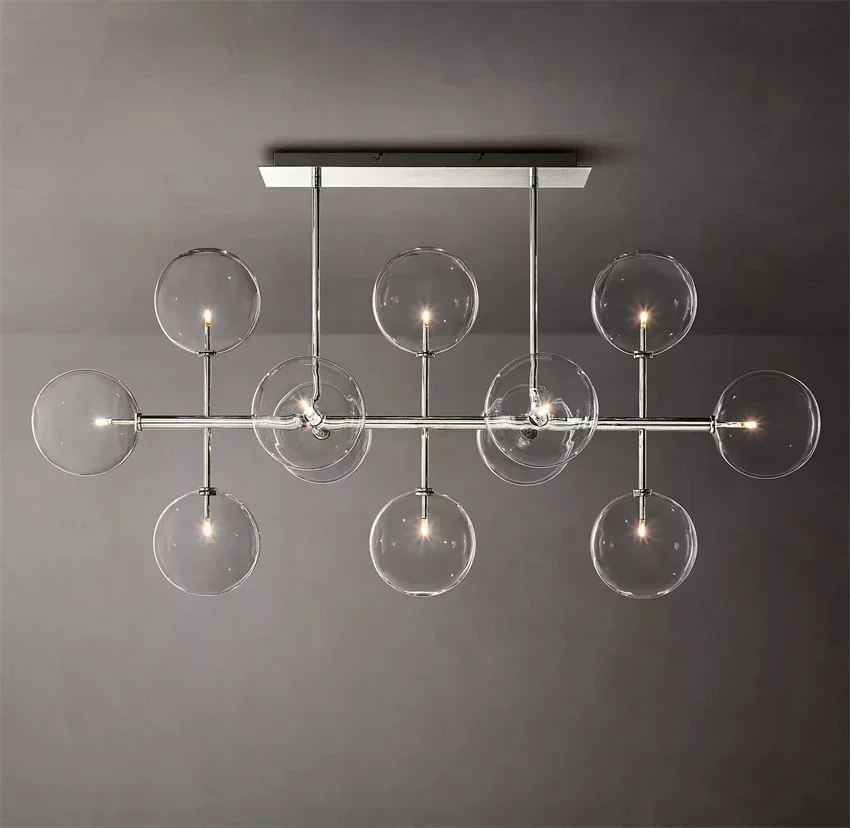 Modern Retro Glass Globe Linear Chandelier LED Clear Ball Pendant Light in Brass Chrome Black for Living Room Dining Room Decor