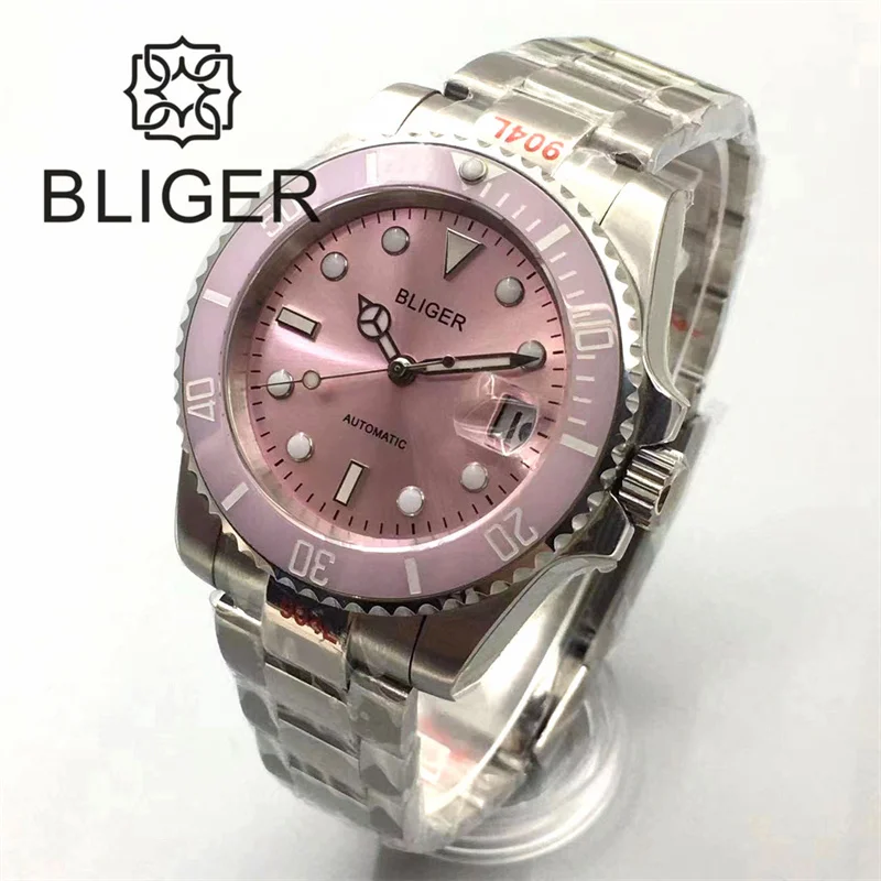 BLIGER 40mm Automatic Watch For Men NH35 Mingzhu Miyota PT5000Sterile Movt Pink Sunbust Dial Ceramic Bezel Sapphire Glass Date