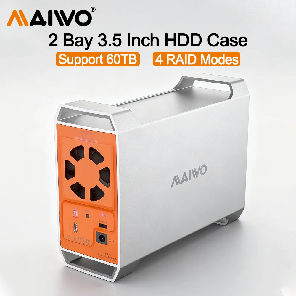 Caja de disco duro MAIWO Dual Bay SATA de 3,5 pulgadas con capacidad de 60 TB, 4 modos RAID, almacenamiento, Control de temperatura y caja de disipación de calor