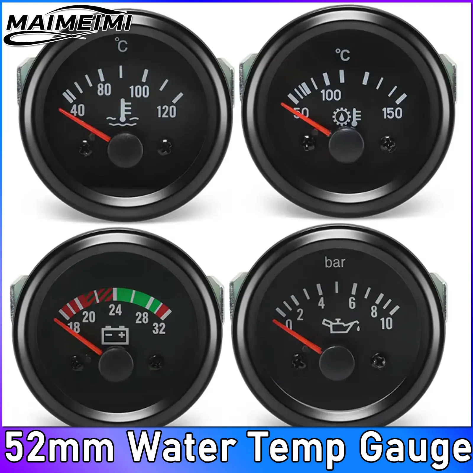 Water Temp Gauge 150 Celsius 24V 52MM Black Oil Temp Gauge Oil Press Meter 10 Bar Volt Gauge Truck Car Instruments