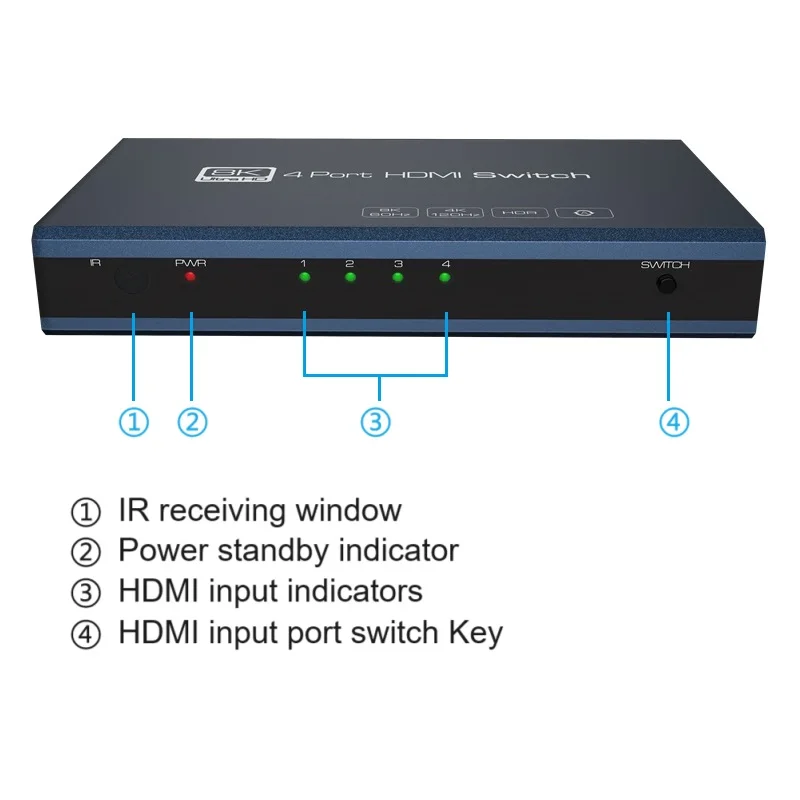 8K HDMI 2.1 Switcher Selector 4 In 1 Out Auto Switch 4K120Hz HDR 10+ HLG Dolby Vision Dolby Atmos 48Gbps IR Remote Control TypeC