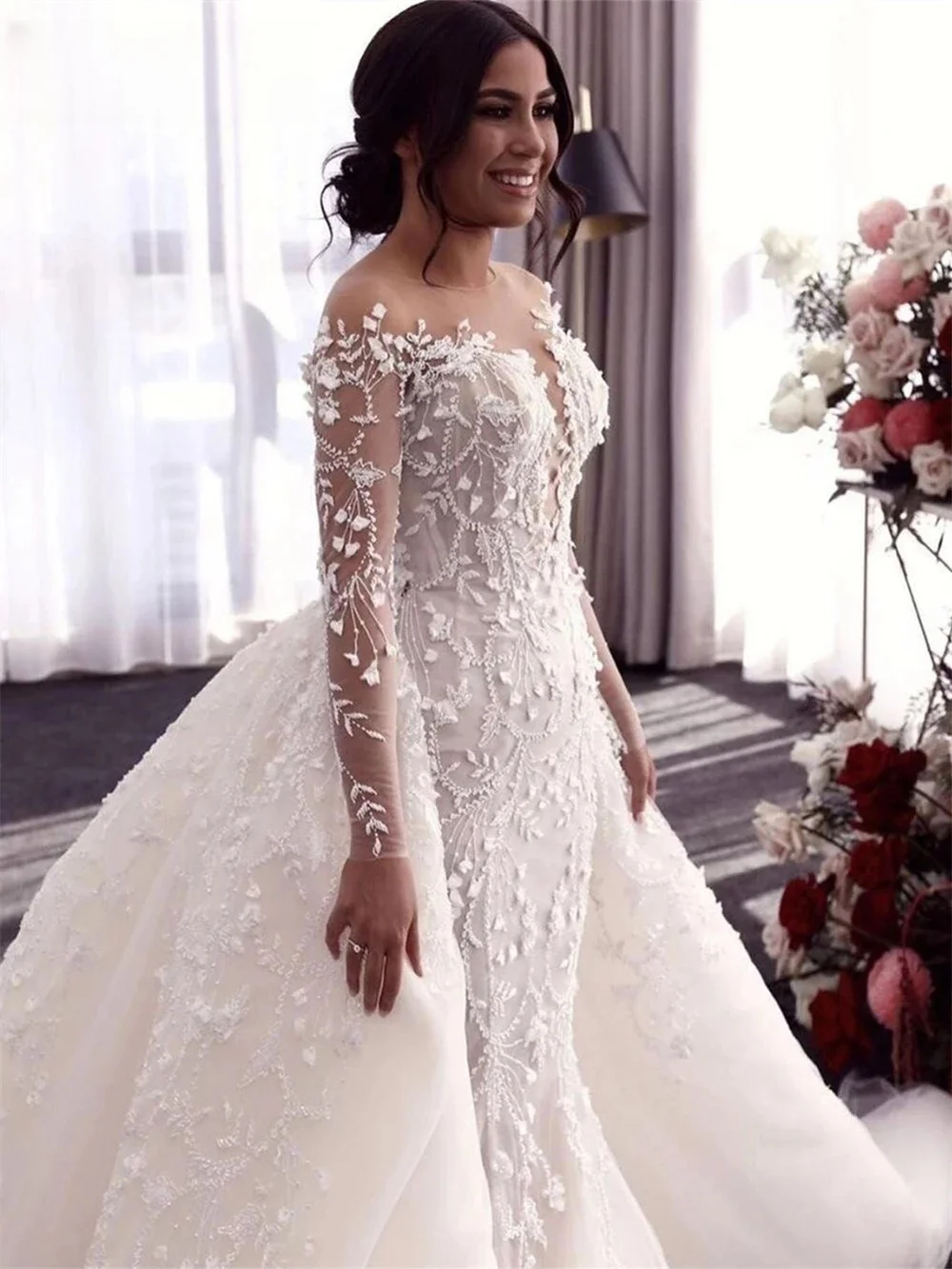 Abiti da sposa a maniche lunghe illusione personalizzati 2025 applicazioni di lusso sirena treno staccabile abiti da sposa abito da sposa sexy