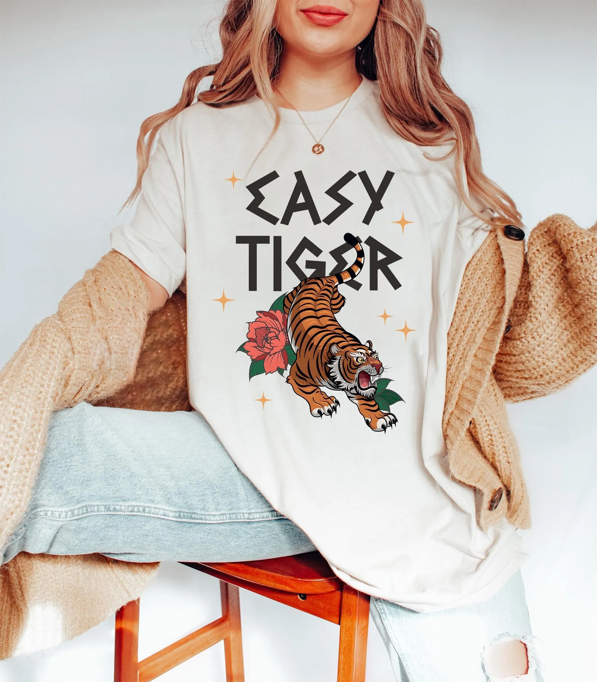 Ladies Easy Tiger T Shirt Trendy Aesthetic Vintage Inspired King Animal Lover Boho