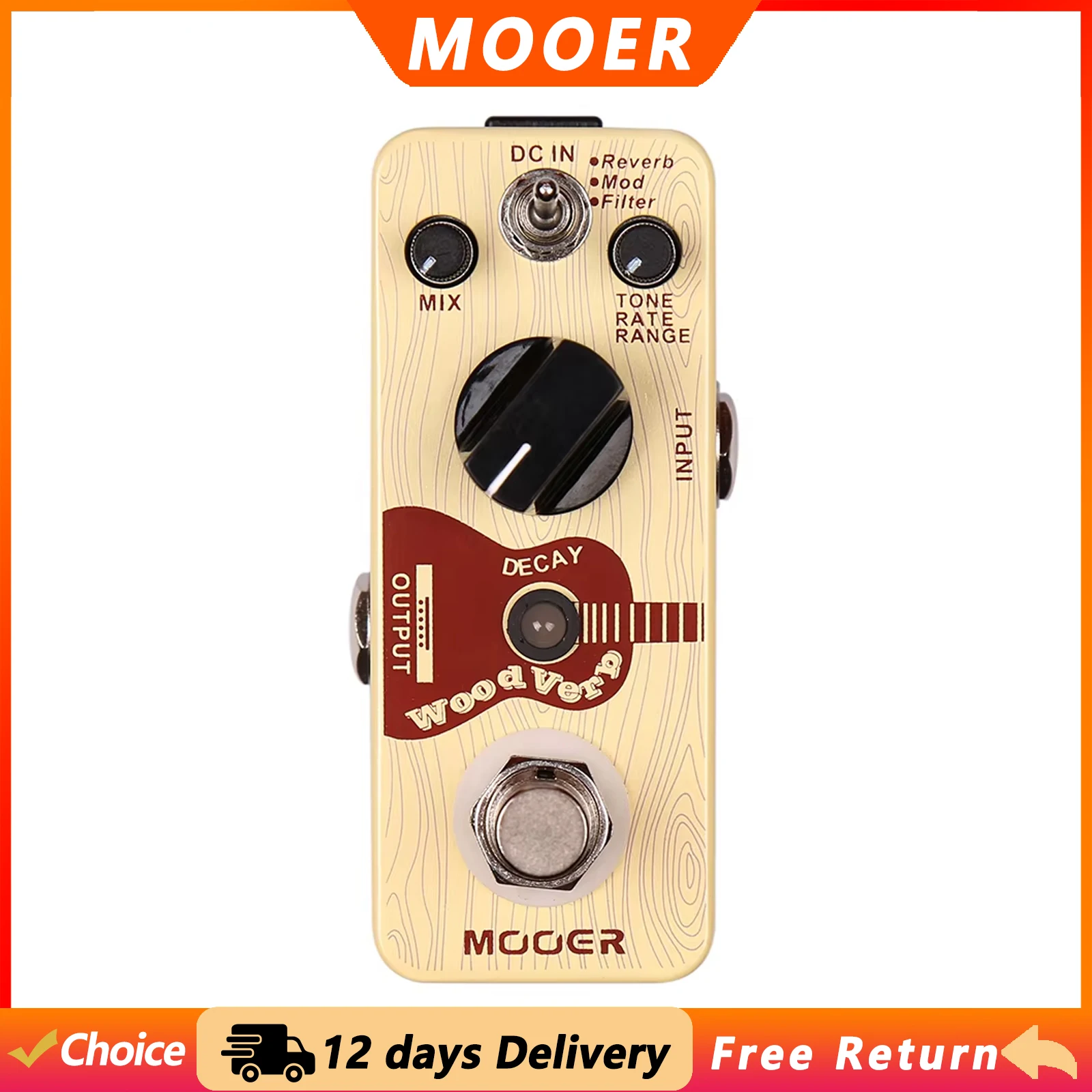 MOOER WoodVerb Acoustic Guitar Digital Reverb Effect Pedal 3 Modes (Reverb/Mod/Filter) True Bypass Pedal Guitar Accessories