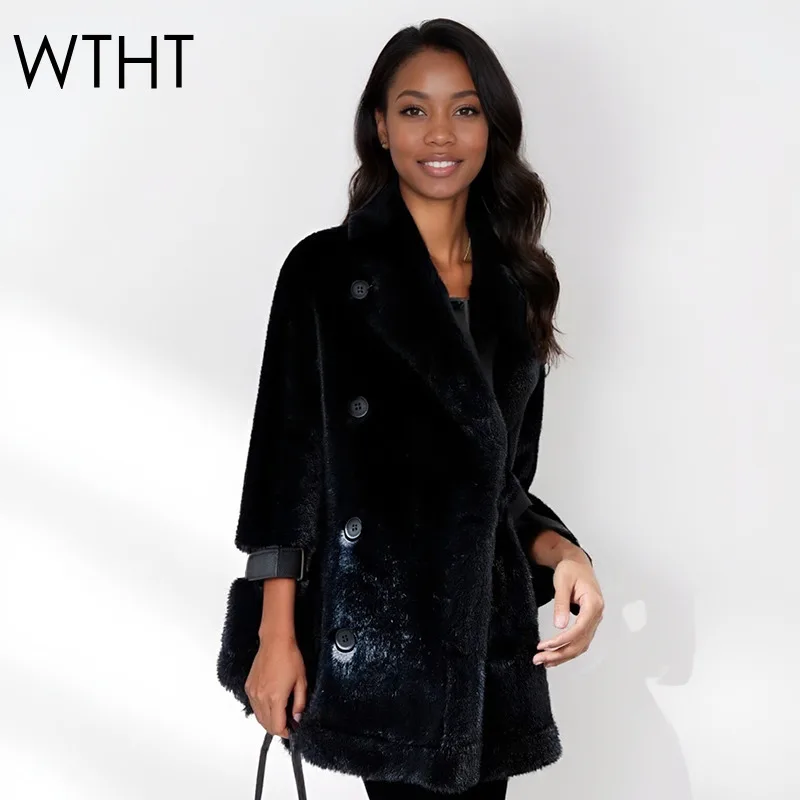 WTHT جديد عصري المرأة تقليد المنك الصوف وهمية الفراء معطف دافئ 2025 الخريف موضة الوقوف طوق طويلة الأكمام سترة الإناث 1LS2695