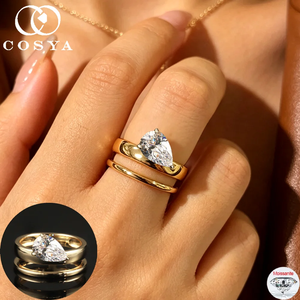COSYA 2CT Pear Moissanite Rings For Woman 100% S925 Silver Plated 18K Gold Solitaire Waterdrop Diamond Wide Band Fine Jewelry