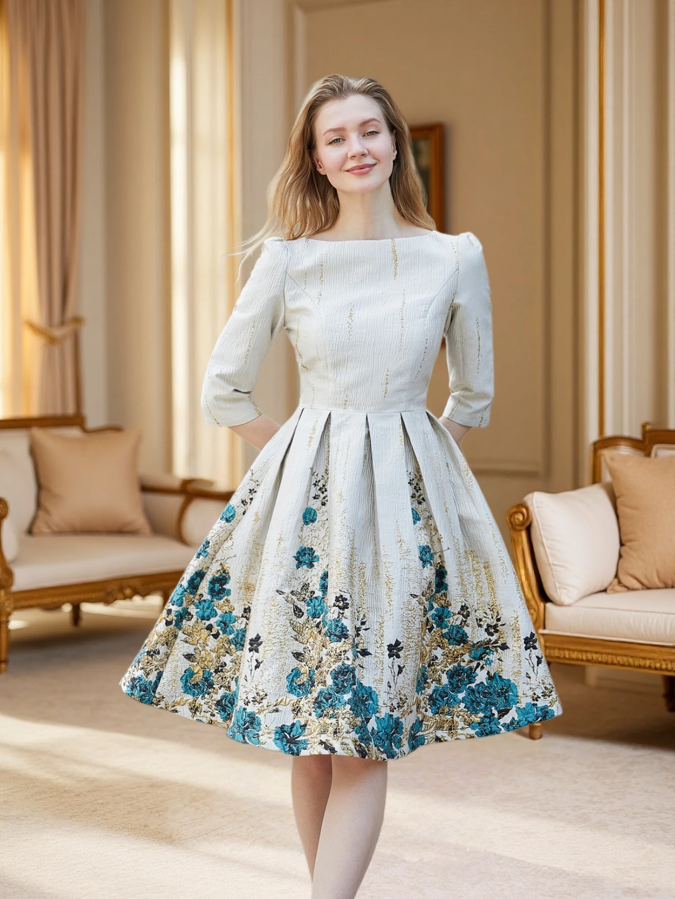 Mittellanges mittellanges Retro-Maxikleid mit Blumenmuster in Hellbeige im französischen Stil in Blau und Gold mit großem Rock