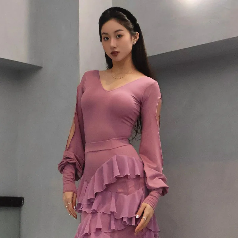 새로운 볼룸 댄스 의상 핑크 슬릿 긴 소매 레오타드 연습 탑 왈츠 댄스 연습복 룸바 라틴 살사 탑 BL18291