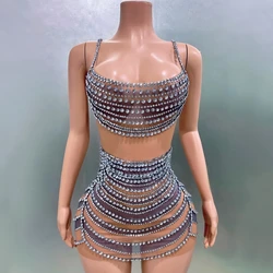 Shinning Diamond Sexy Deep Scoop Neck See Through Sheath Mini Dress Evening Party Performance Costume Nightclub Singer Stage Wea