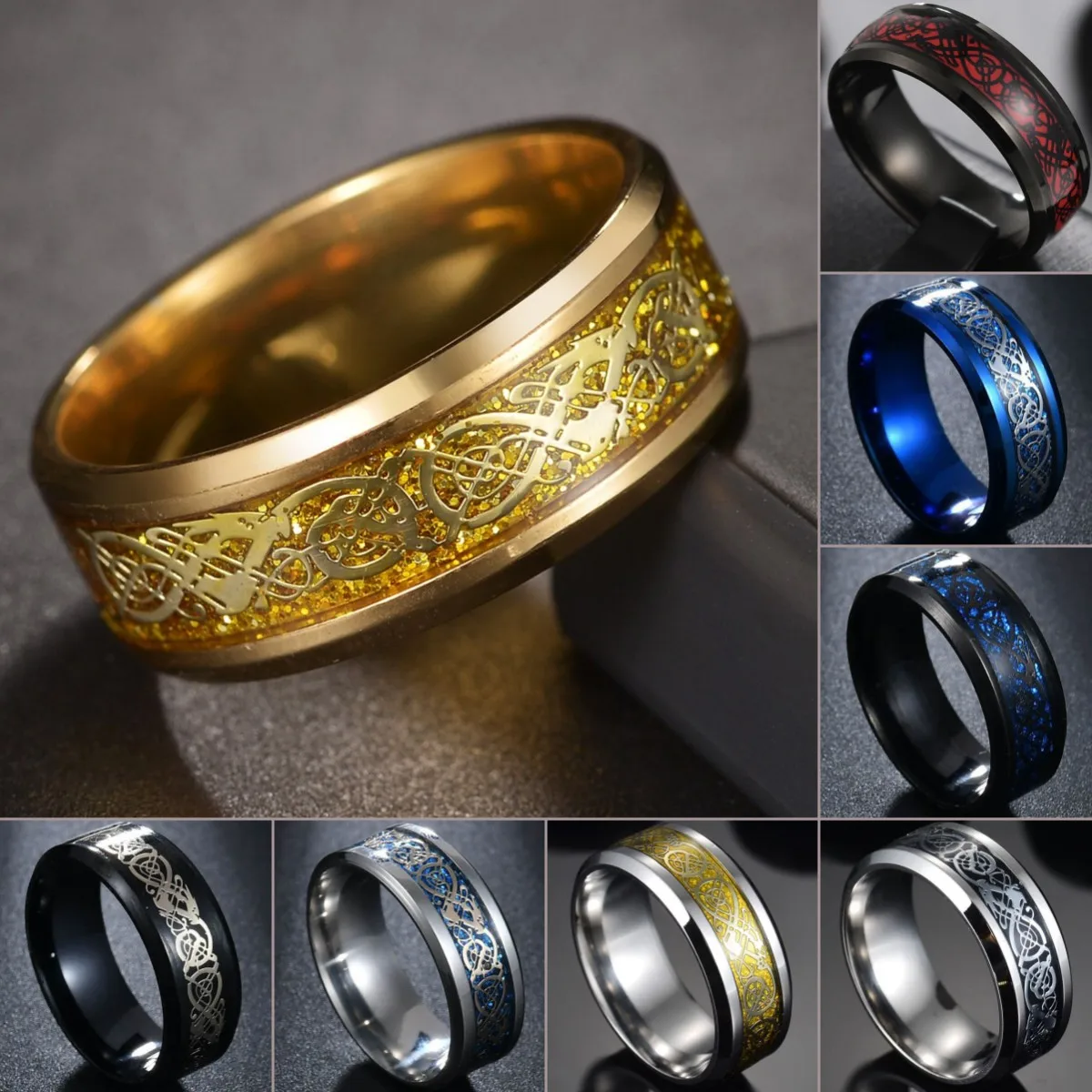 Fashion Tungsten Wedding Band Steel Celtic Dragon Rings For Men Women Gold Ring Carbon Fiber Wedding Rings Jewelry