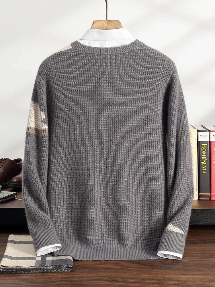 100% Pure Cashmere Sweater Men's Knitted Round Neck Pullover Autumn Winter Thick Warm Long Sleeved Contrasting Men's Clothing