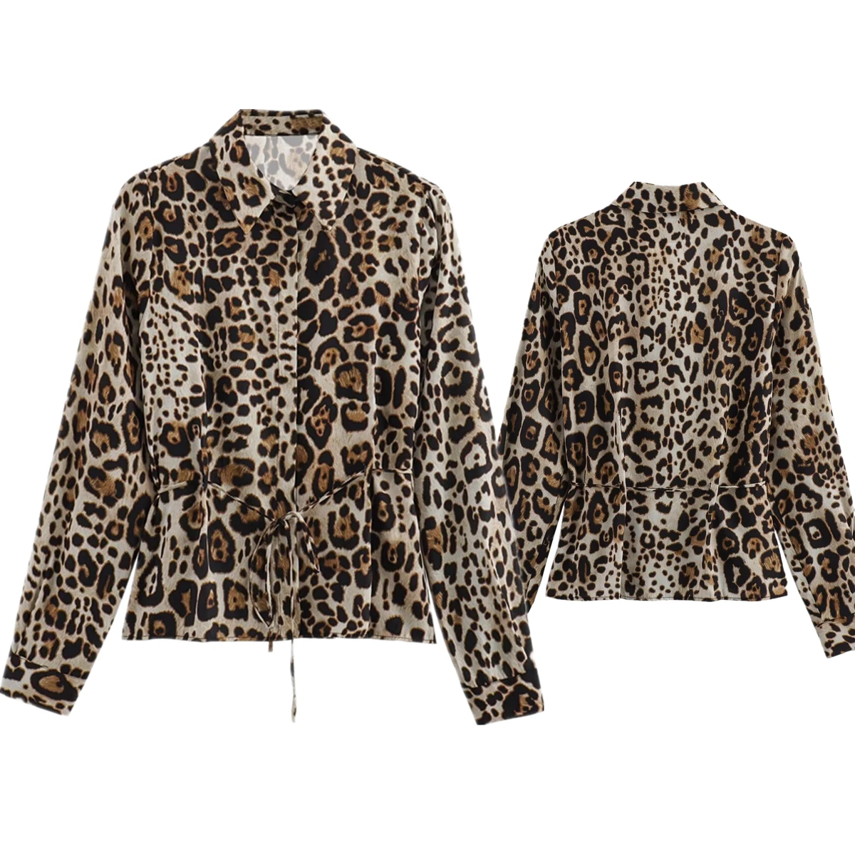 

Withered Blouse Women Leopard Print Shirt Women Sashes Collect Waist Long Sleeve Blusas Mujer De Moda 2024 Shirt