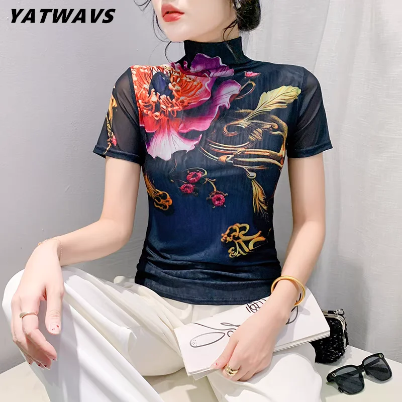 

New Arrivals European Clothes Women T-shirt Sexy Turtleneck Positioning Printed Tops Summer Short Sleeve Fashion Mesh Slim Tees
