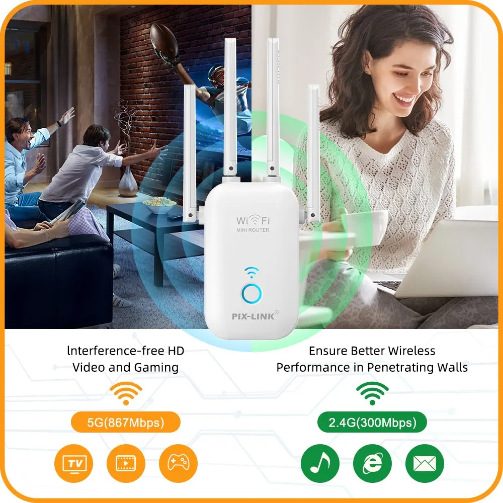 PIX-LINK AC27 1200Mbps WiFi Extender 2.4 & 5GHz Wzmacniacz sygnału Osłona do 7500 Sq.Ft Daleki zasięg z portem Ethernet