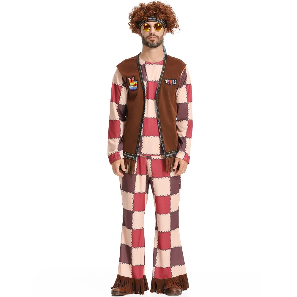 Costume de Cosplay Hip Hop pour hommes, mode de carnaval pourim, rétro à carreaux Disco, tenues de chanteur Hippie, ensemble de vêtements de fête pour jeu de rôle d'halloween