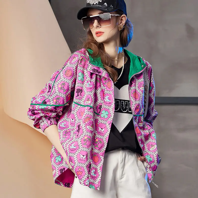 Hooded Jacket For Women In Spring And Summer 2024 New Fashion Color Matching Printed Top Trend