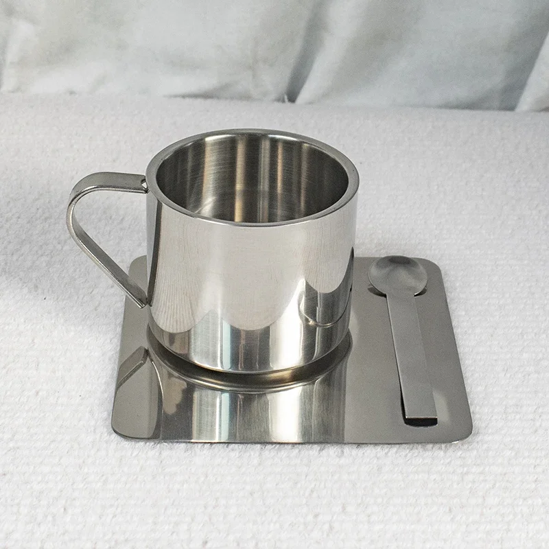 3pcs Stainless Steel Coffee Cup Set Double Walled Heat Resistant Mug with Saucer Spoon Drink Tableware Kitchen Cafe Accessories