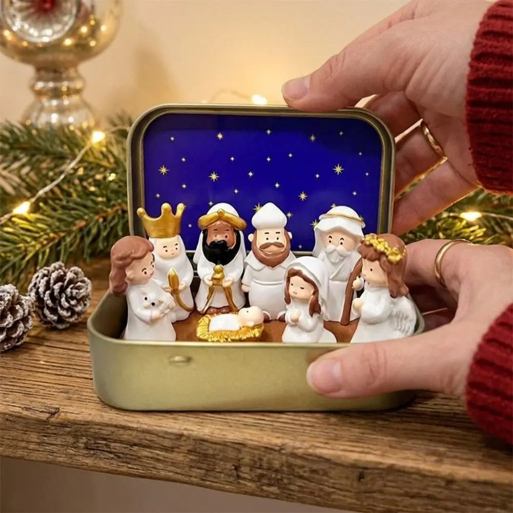 Holy Family Nativity Manger Scene Kit Shepherd Animal Star Liner Mini Christmas Nativity Set Hand Painted Cartoon