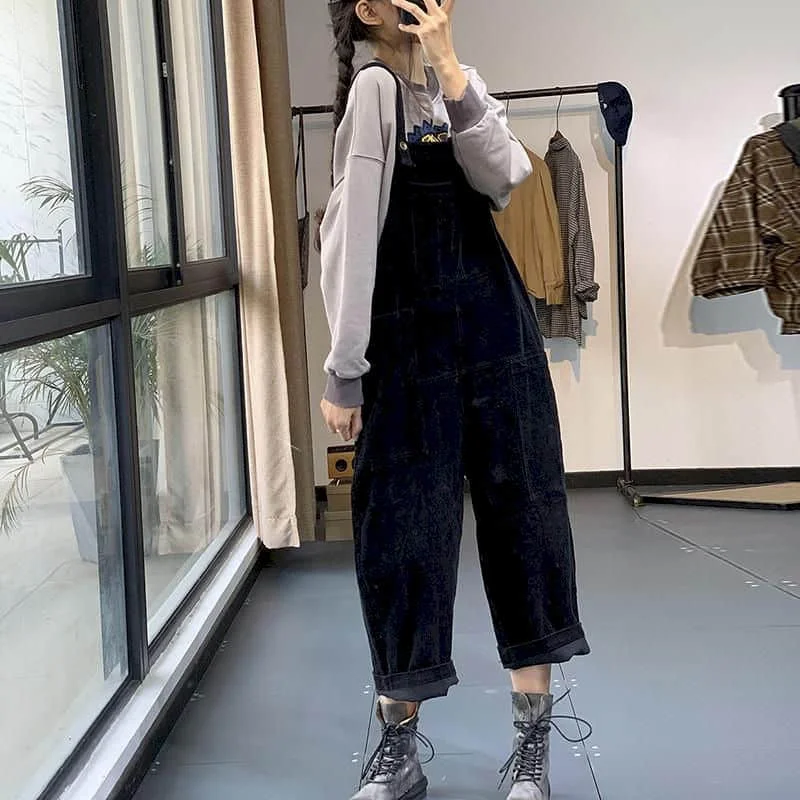 Sztruksowe kombinezony damskie jednolity, gruby proste spodnie jednoczęściowy strój kobiety rompe luźny koreański styl Casual Vintage kombinezon
