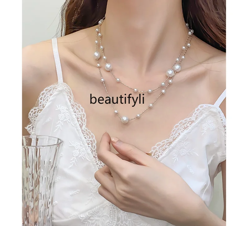 Stacked with Beautiful Shaped Pearl Item Spring and Summer Graceful and Fashionable Long Layered Retro Necklace