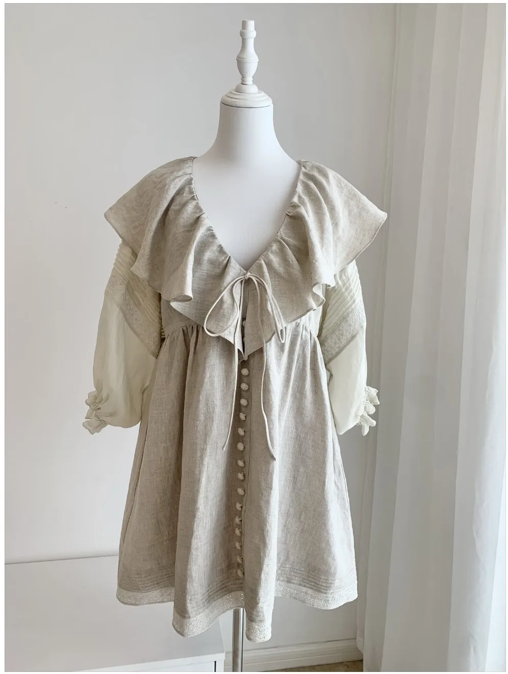 Women 100% Linen Ruffles V-Neck Half Lantern Sleeve Hollow Out Embroidery Decoration Hem Mini Dress