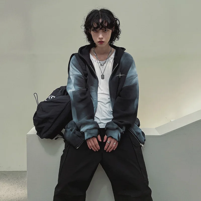 معطف بقلنسوة من الصوف المتدرج للرجال Y2k، سترة بسحاب مزدوج على الطراز الكوري، سترات كبيرة الحجم بغطاء للرأس #3