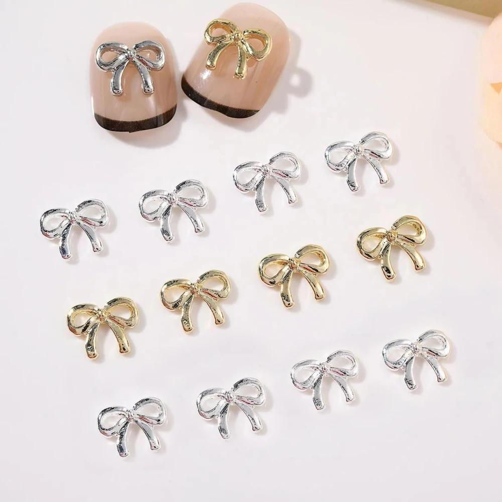 20Pcs Metal Silver Gold Butterfly Bow Nail Art Decorations 3D Simple Design Ribbon Bow Tie Nail Ornament DIY Nail Accessories