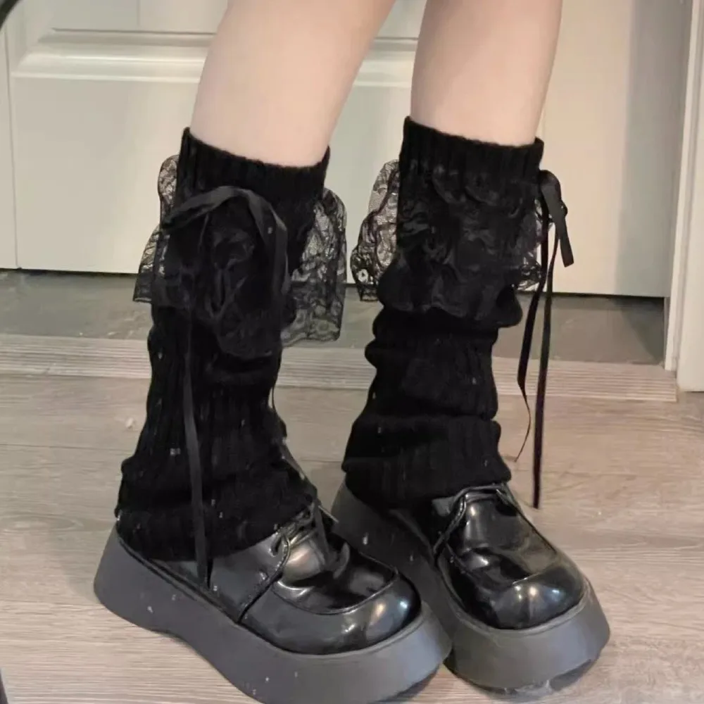 Stockings Lolita Leg Warmers Knitted Lace Bow Knee Warmers JK Autumn Winter Leg Sleeve Y2K Style