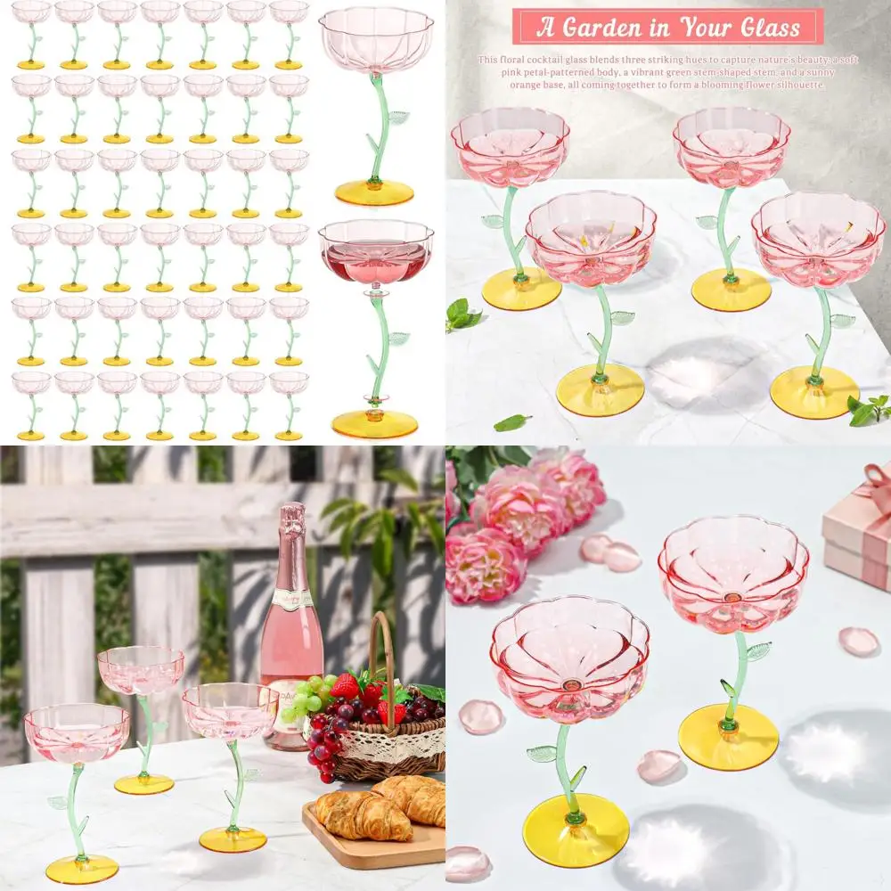 

Pink Plastic Ribbed 7oz Detachable Flower Cocktail Glasses, Modern Wavy Disposable Coupes for Parties