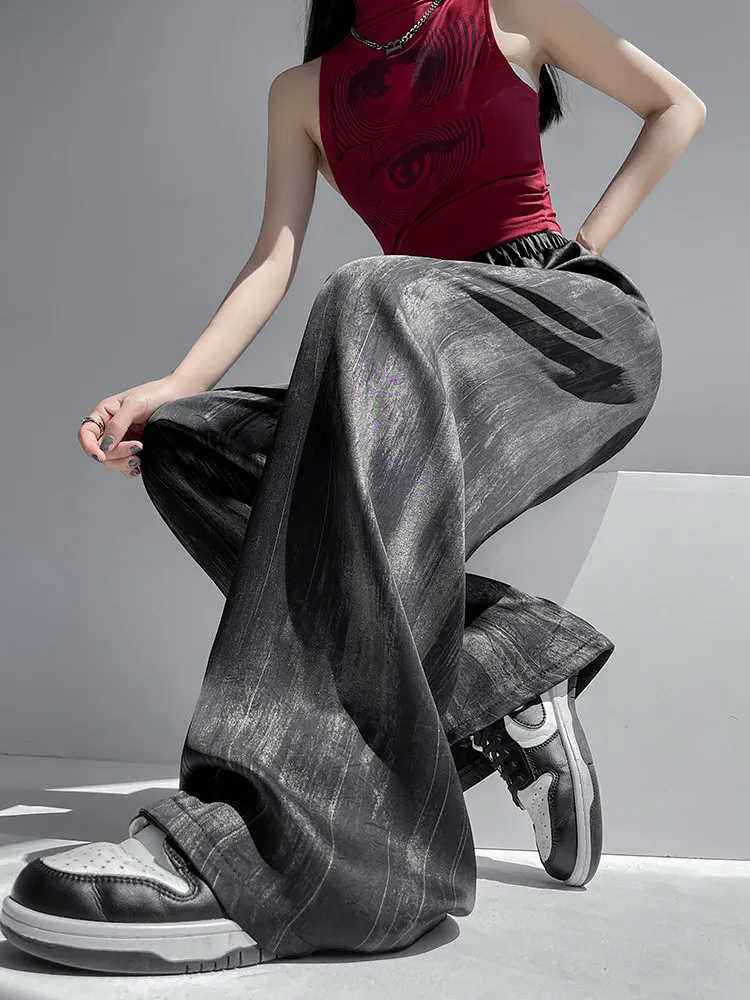 2026 Summer Women Ice Silk Acetate Satin Pants Ink Tie Dye Casual Wide Leg Tall Straight Draped Floor Length Trousers