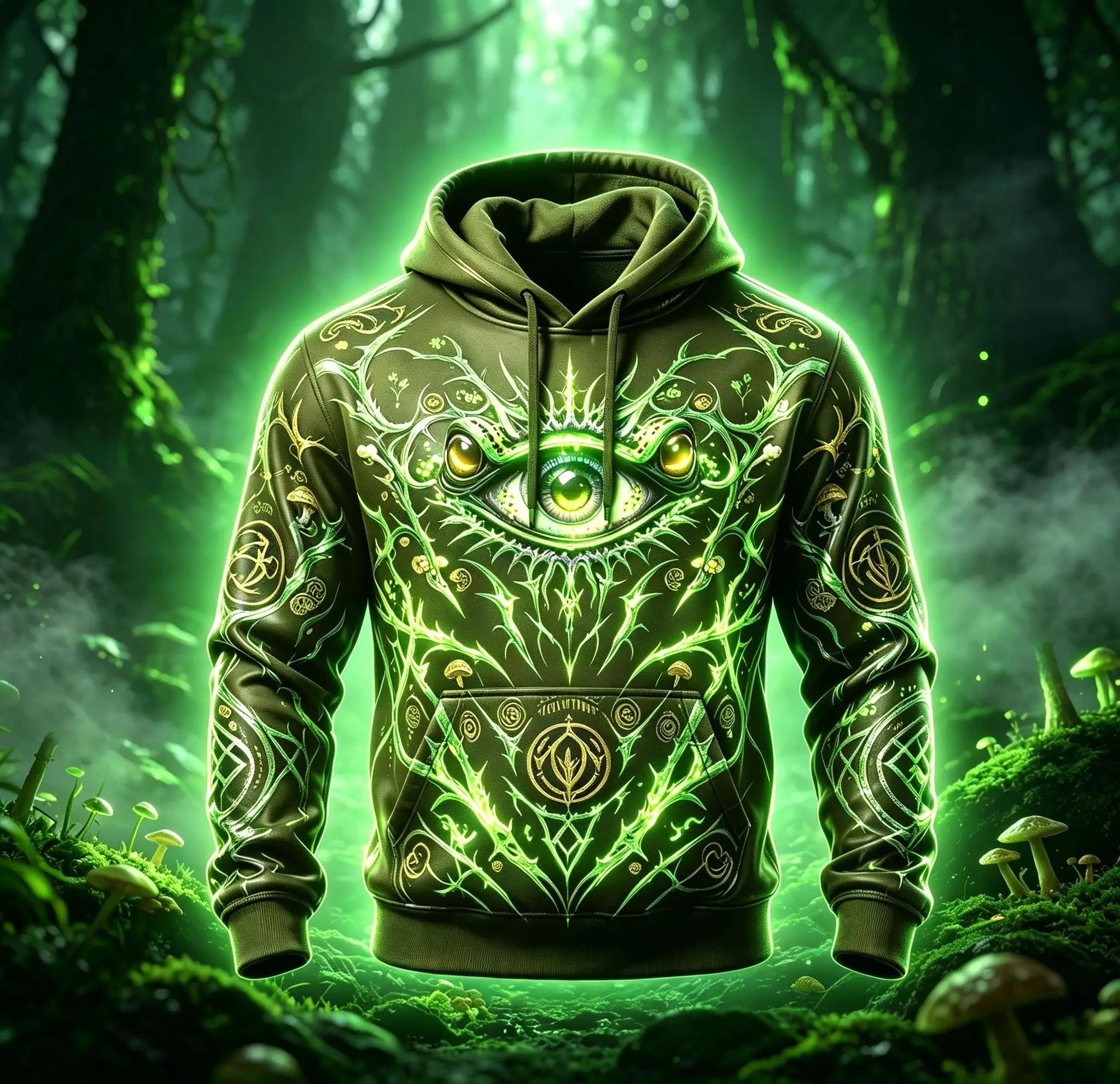 Men Fleece Lined Hoodie Green Forest All Seeing Eye Thorn Vine Mystic Rune Full Print Drawstring Pullover Sweatshirt