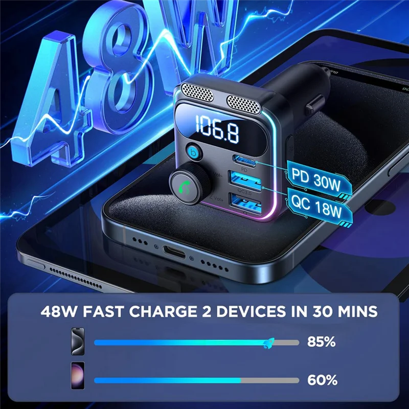 

AU61-JOYROOM FM Transmitter Dual Mics & Hifi Bass 48W PD&QC3.0 USB C Bluetooth 5.3 Car Charger