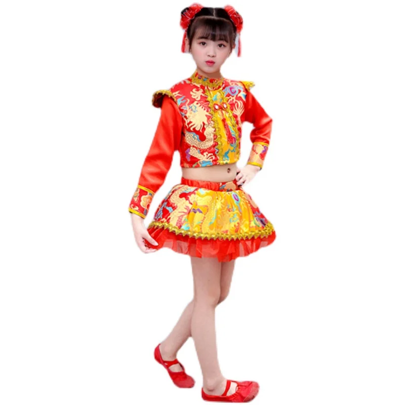 Disfraz de Hanfu Yangko para niños, traje de rendimiento de baile de tambor para hija, festival rojo chino de rap