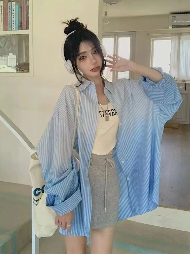 Gradientowa koszula w paski damska Oversize z długim rękawem słodka bluzka koreańska luźna na co dzień kobiece eleganckie topy w stylu vintage