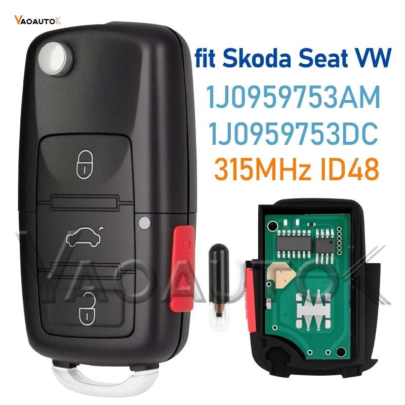 

Складной дистанционный ключ 315 МГц ID48 подходит для Skoda Seat VW Beetle Golf Passat Jetta 1J0959753AM 1J0959753DC 4 кнопки корпуса брелока