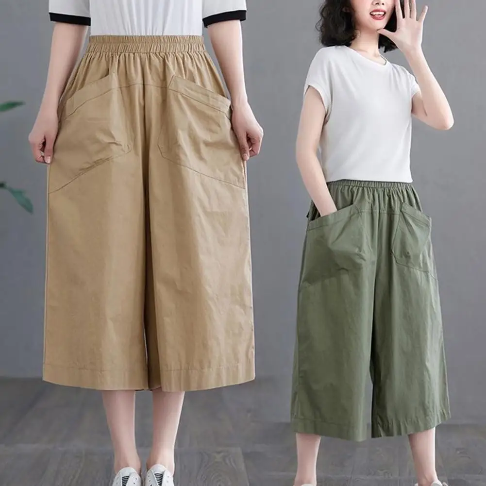 Cropped Wide Leg Pants Stylish Wide Leg Cropped Pants with Pockets for Women Elastic Waist Work Pants Solid Color Loose Fit