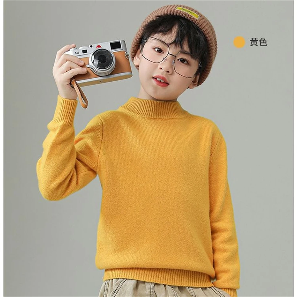 Winter Korean version thickened 100% woolen sweater boys Solid color knitted sweater girls Round neck pullover sweater 3-14 year