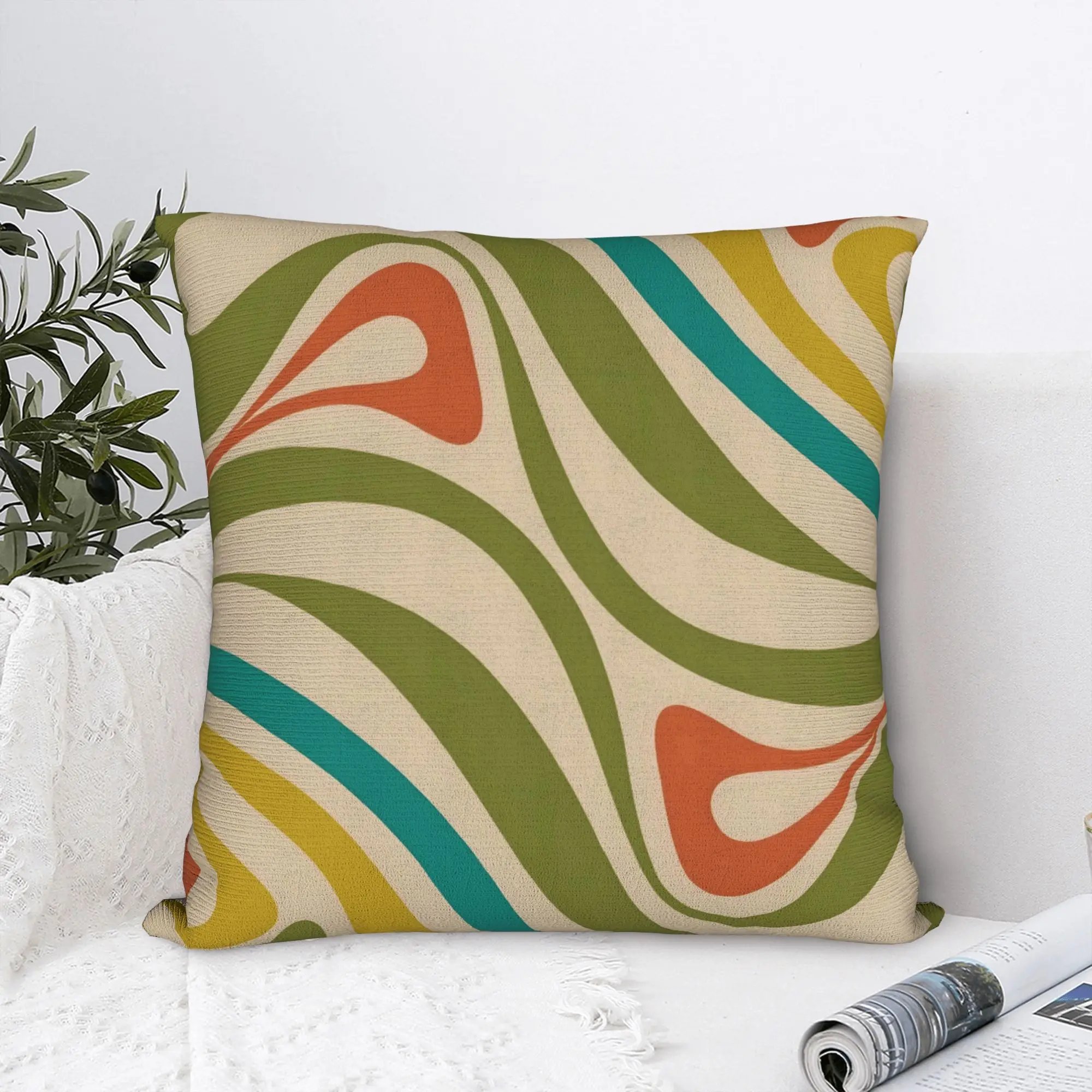 New Groove Retro Swirl Abstract in Mid Century Modern Olive Green, Teal, Mustard, Orange on Beige Living Room Sofa Cushion - Ins Style Bedroom Bedside Pillow Cover - Double Sided Print