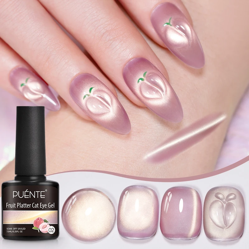 Esmalte de uñas magnético serie PUENTE Fruit, colores verde, morado y rosa, efecto ojo de gato, semipermanente UV 4